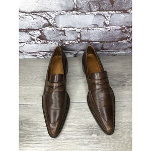 Elisheba Brown Leather Penny Loafer Pointed Toe Heel Shoes Women Sz 37EU/6.5M US